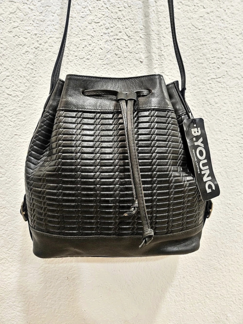 NWT Rare Dead Stock VTG B. Young Black Woven Genuine Leather Bucket Bag